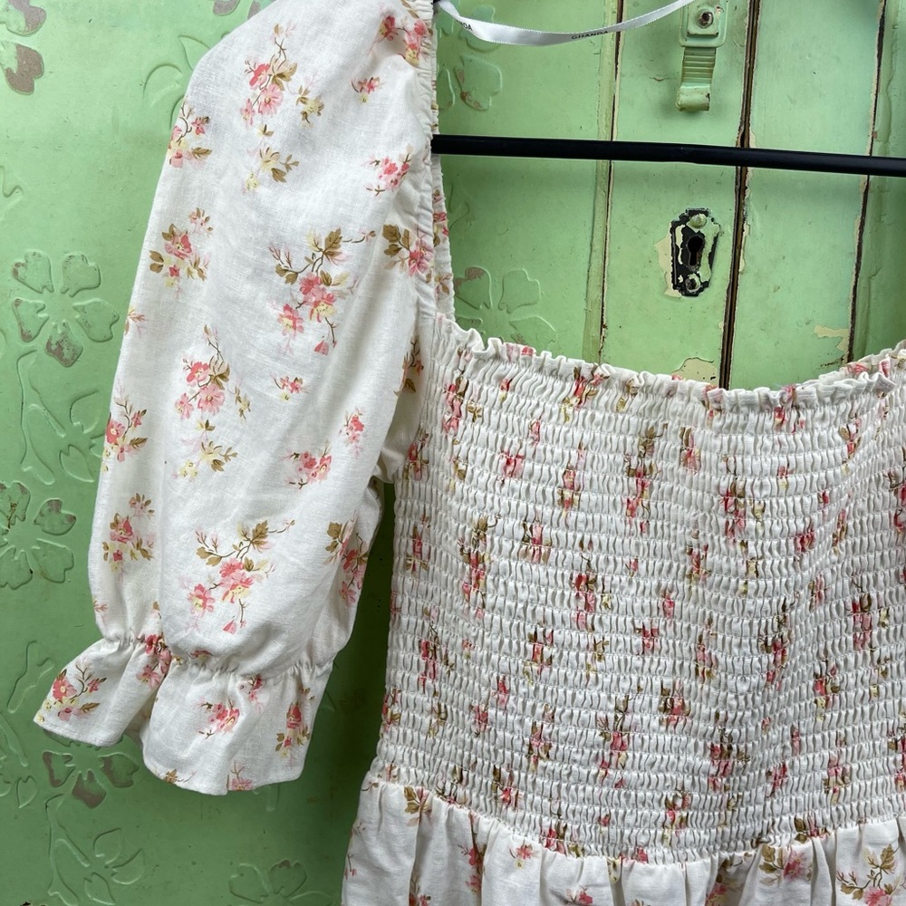 GHANDA Smocked White Floral Linen Blend dress SMALL - Picture 2 of 6